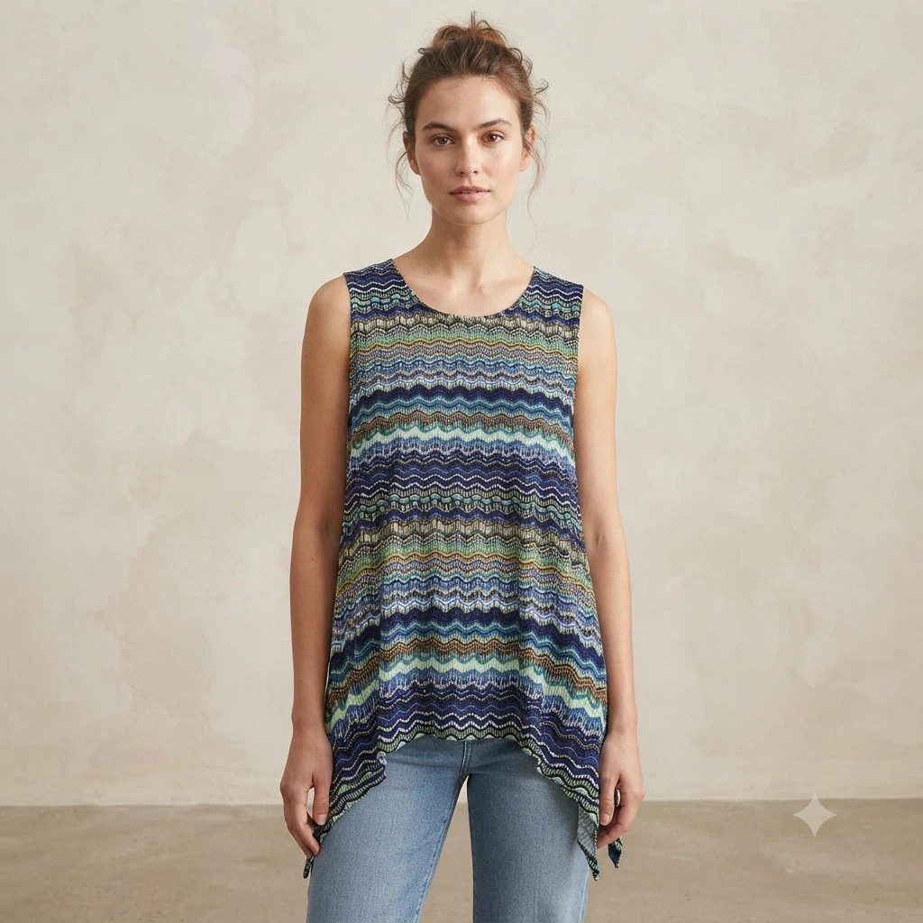 Clientele Wave Tank Top Sleeveless Handkerchief Hem Size L