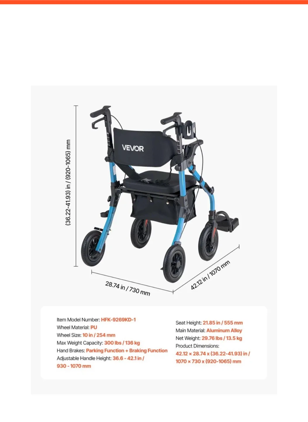 VEVOR 2-in-1 Rollator Walker & Transport Chair