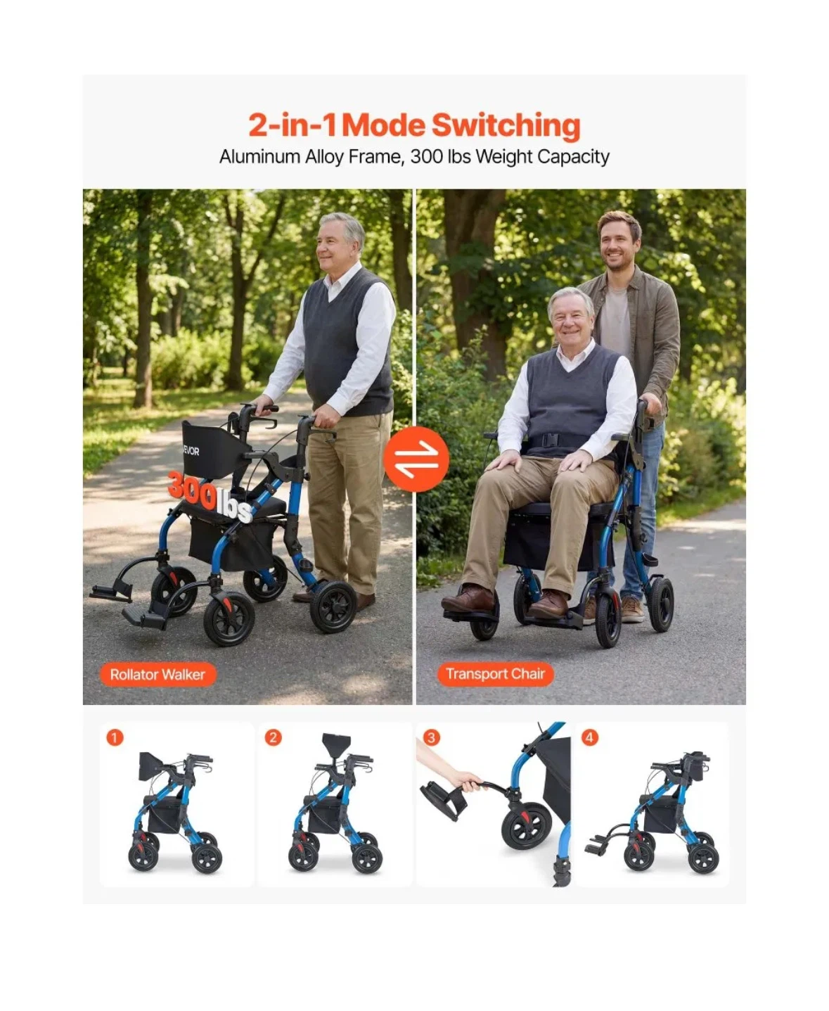 VEVOR 2-in-1 Rollator Walker & Transport Chair - photo 3