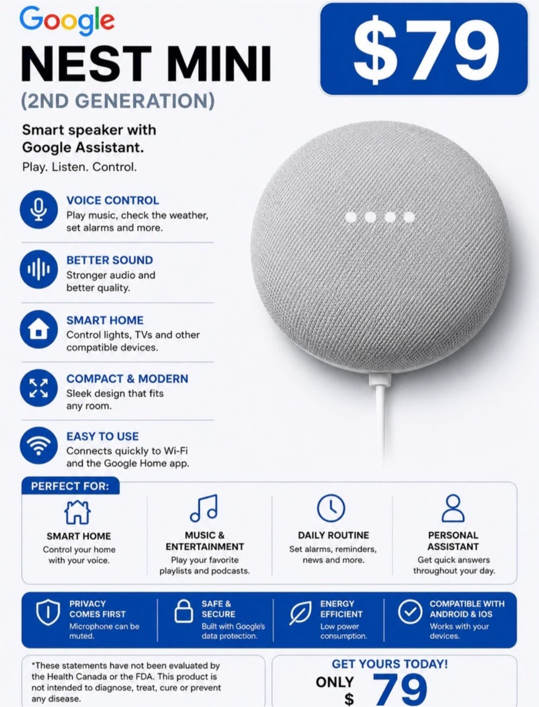 Google Nest Mini (2nd Generation) Smart Speaker