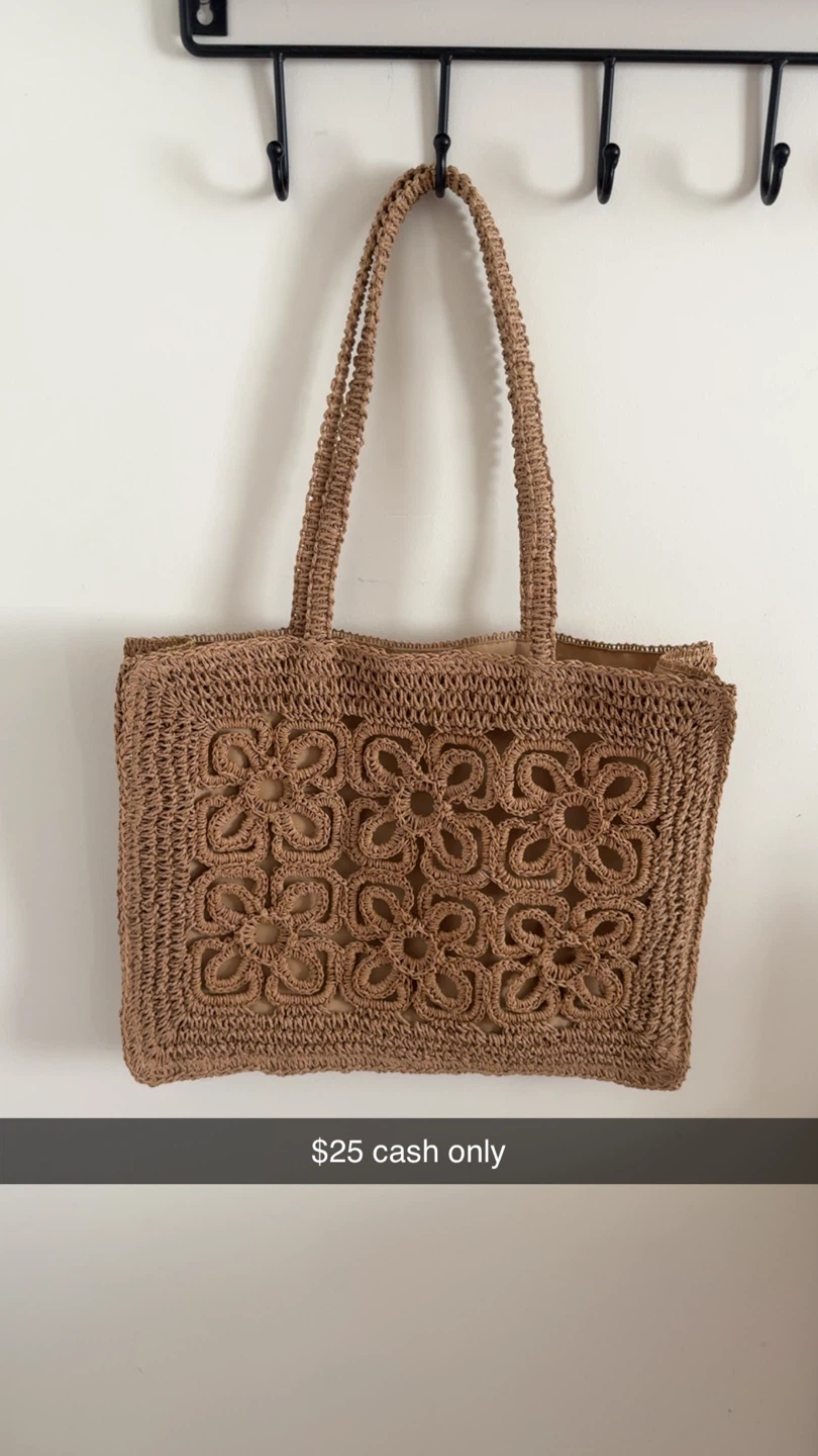 Brown Woven Tote Bag with Floral Design