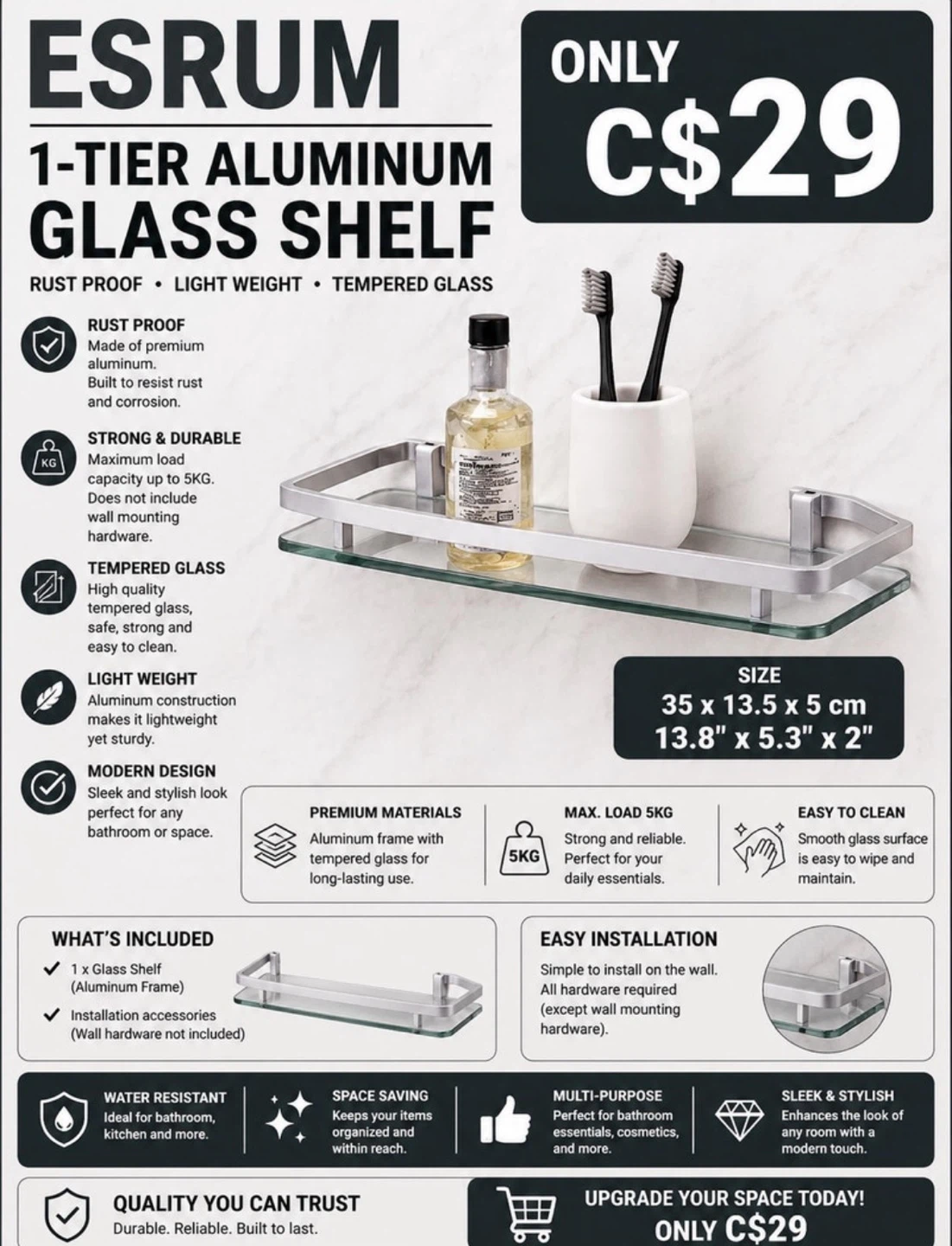 ESRUM 1-Tier Aluminum Glass Shelf