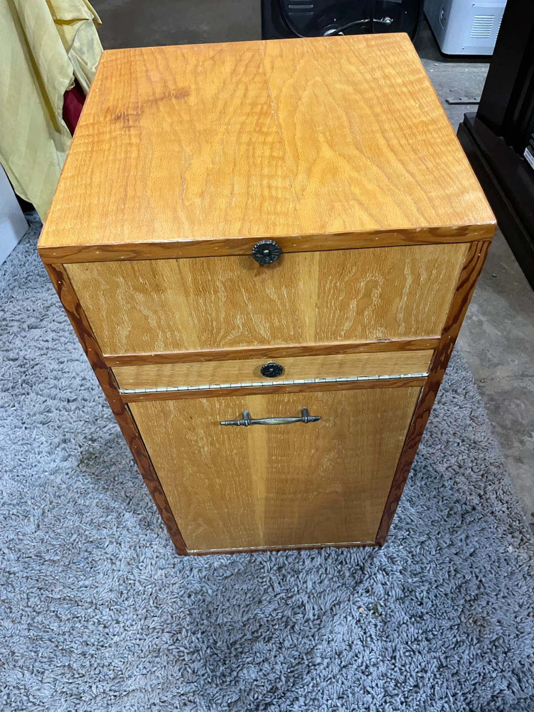 Dog food storage bin with area for storing scoop and treats