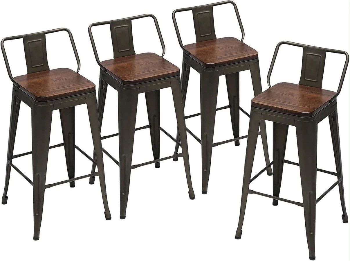 Set of 4 Metal Bar Stools with Wood Seats