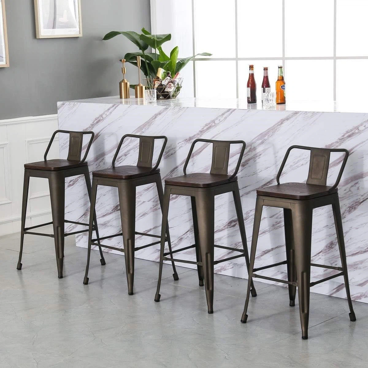 Set of 4 Metal Bar Stools with Wood Seats - photo 3