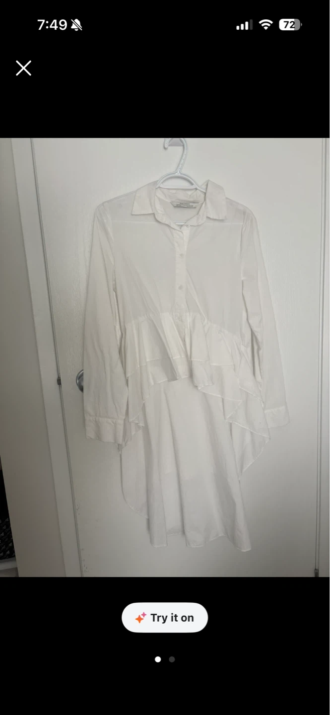Zara White Ruffle Detail Button-Up Shirt size small
