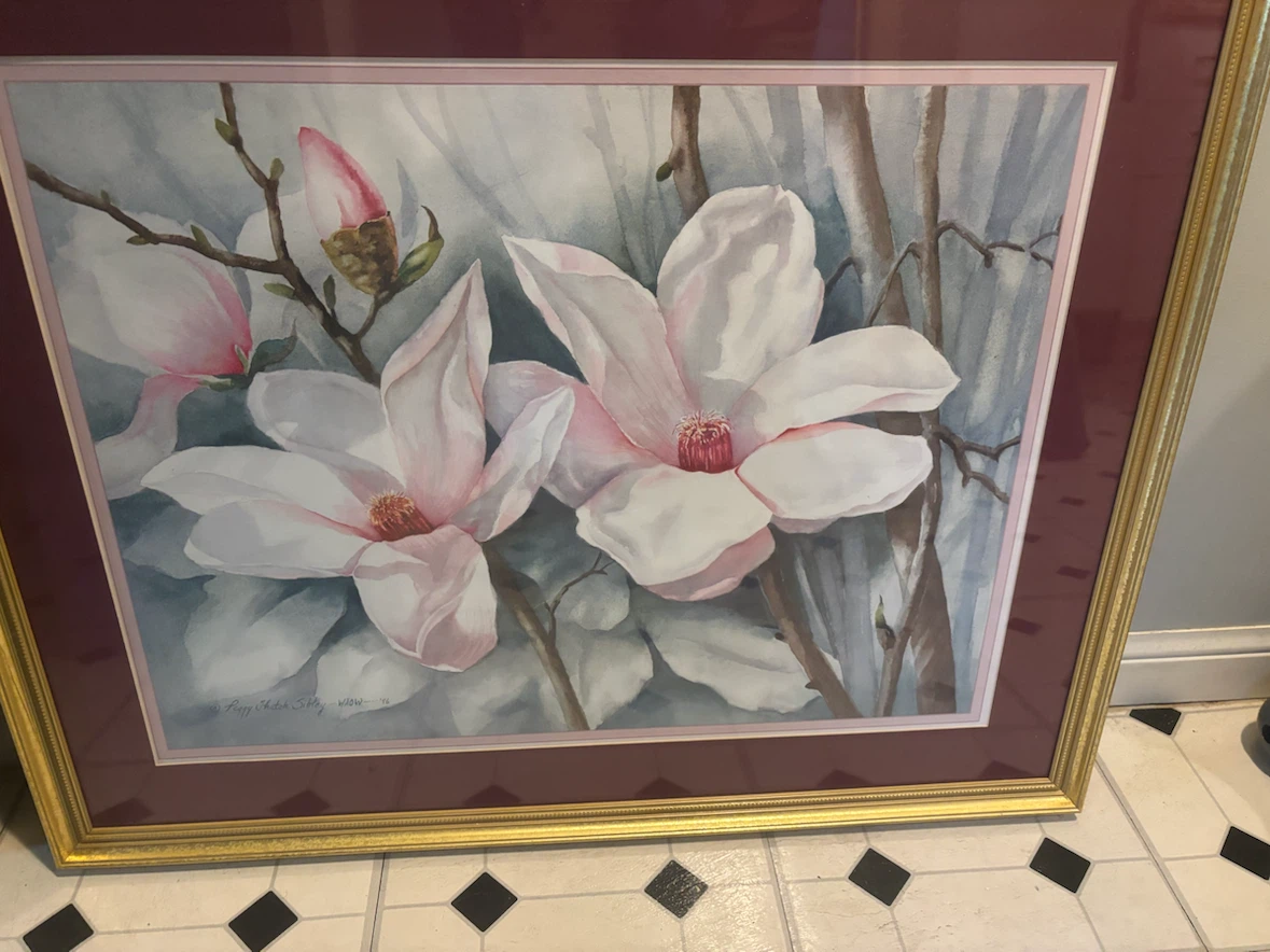 Framed Watercolor Painting of Magnolias