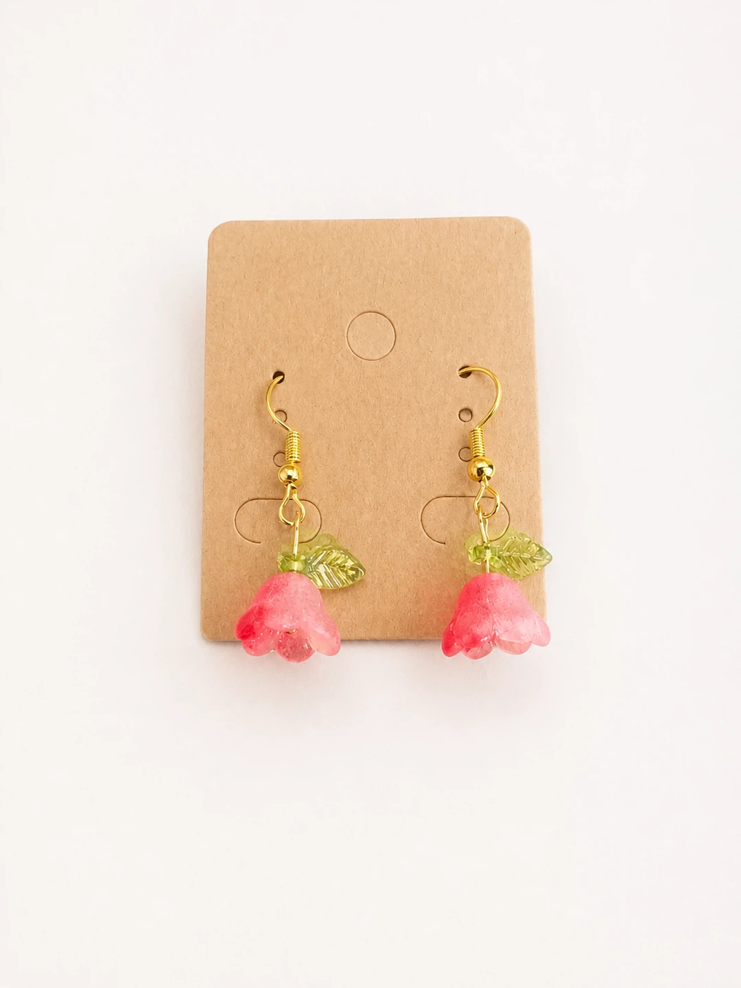 Pink Flower Dangle Earrings with Green Leaves