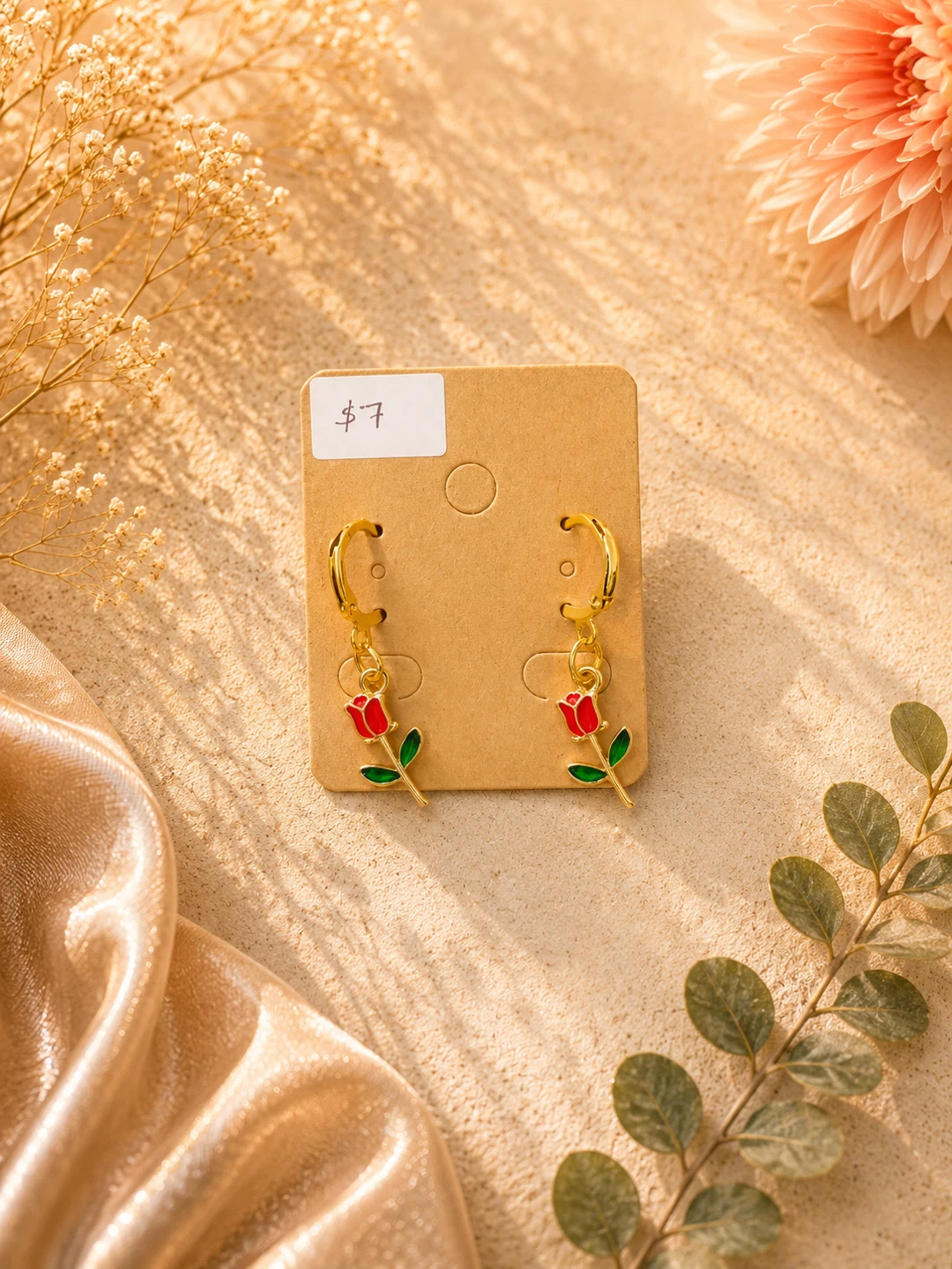 Gold-tone Hoop Earrings with Red Rose Charms