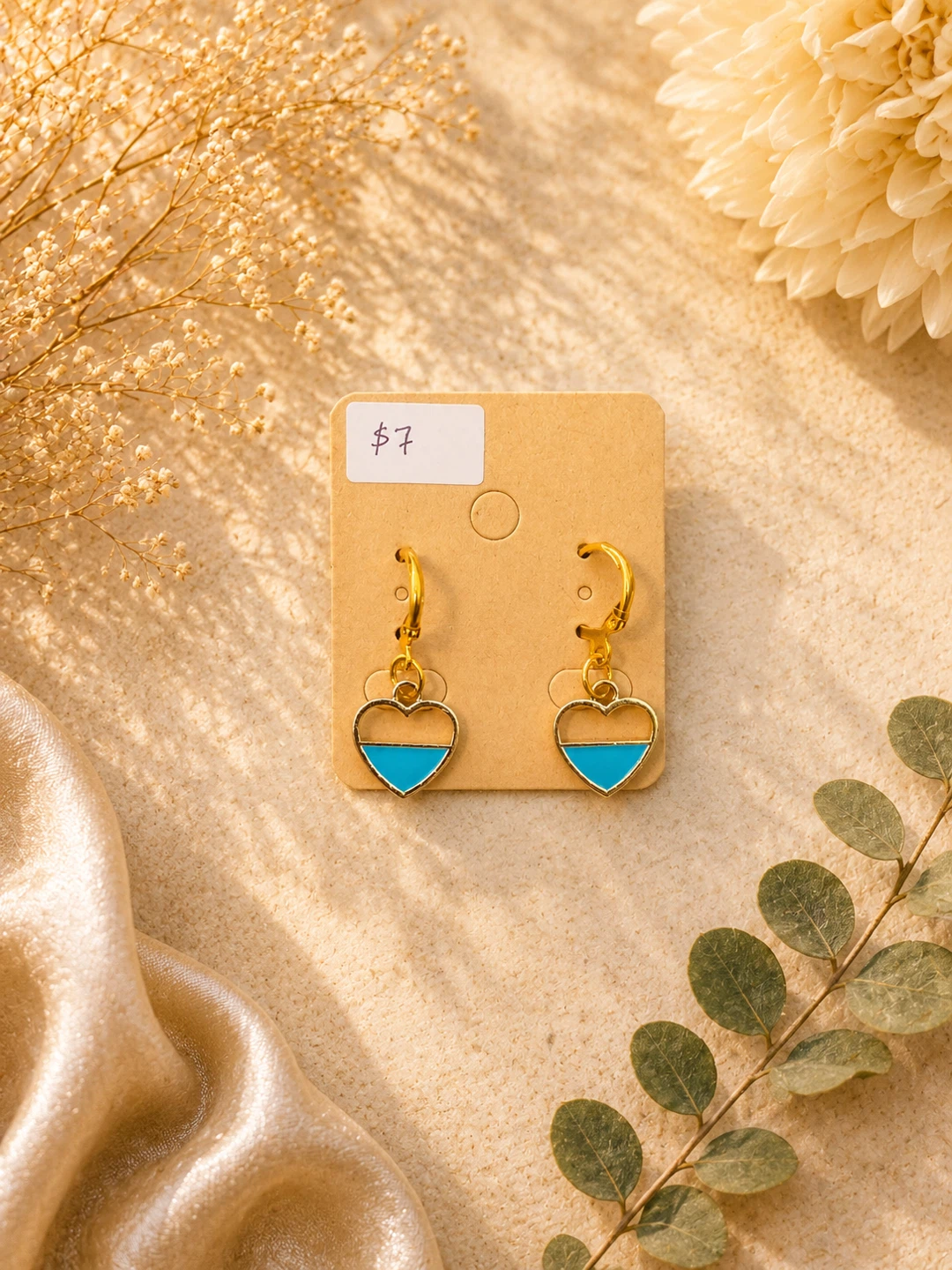Gold Heart Earrings with Blue Inlay