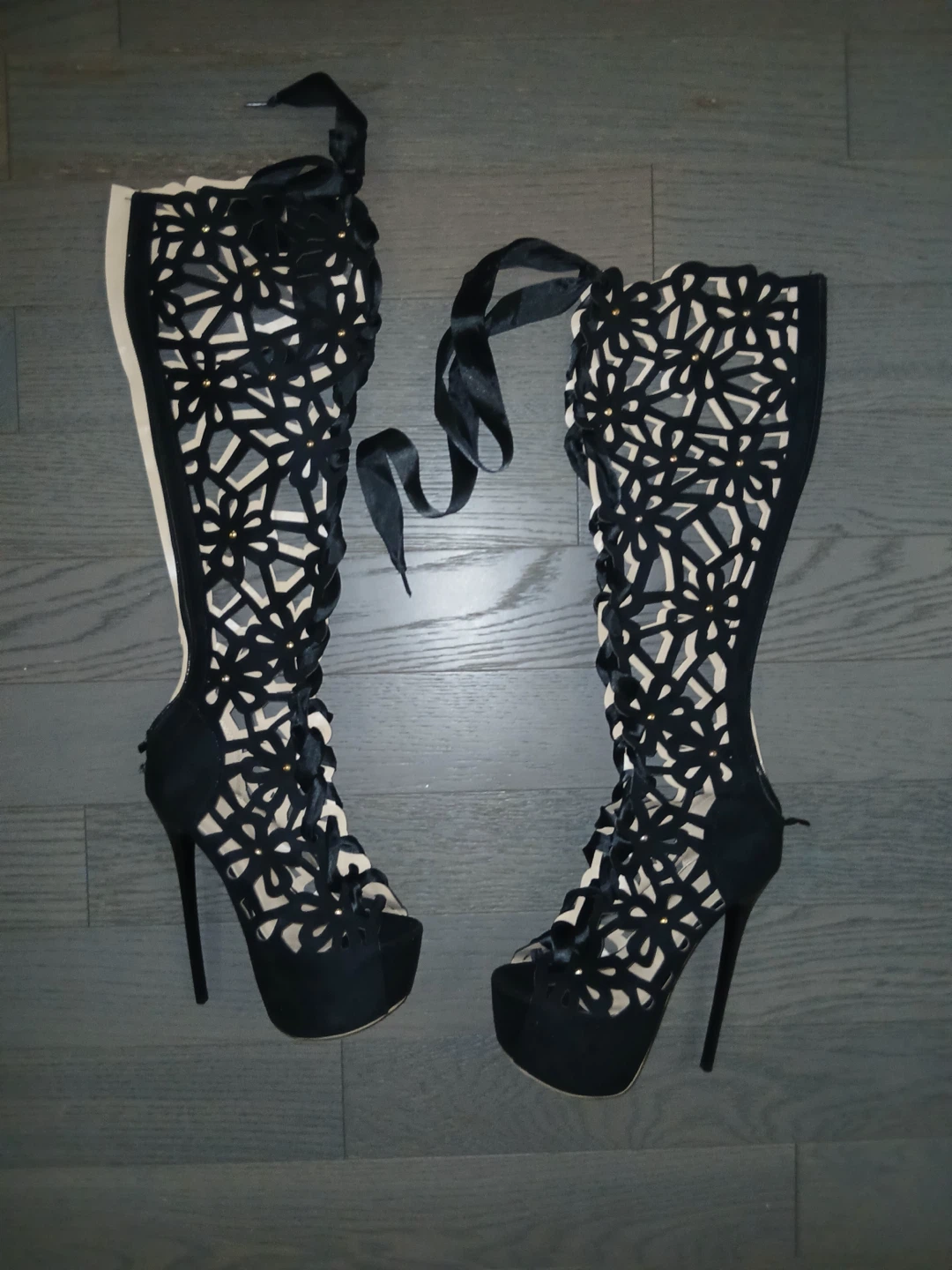 Black Lace-Up Platform Knee-High Boots