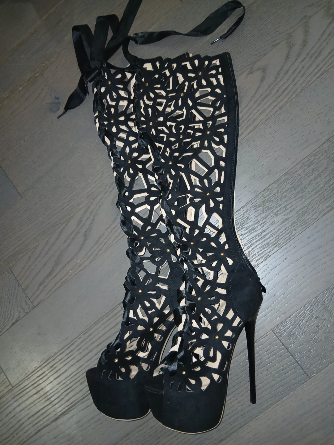 Black Lace-Up Platform Knee-High Boots - photo 2