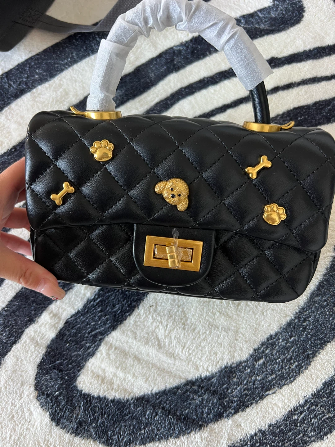 Black Quilted Handbag with Dog Charms