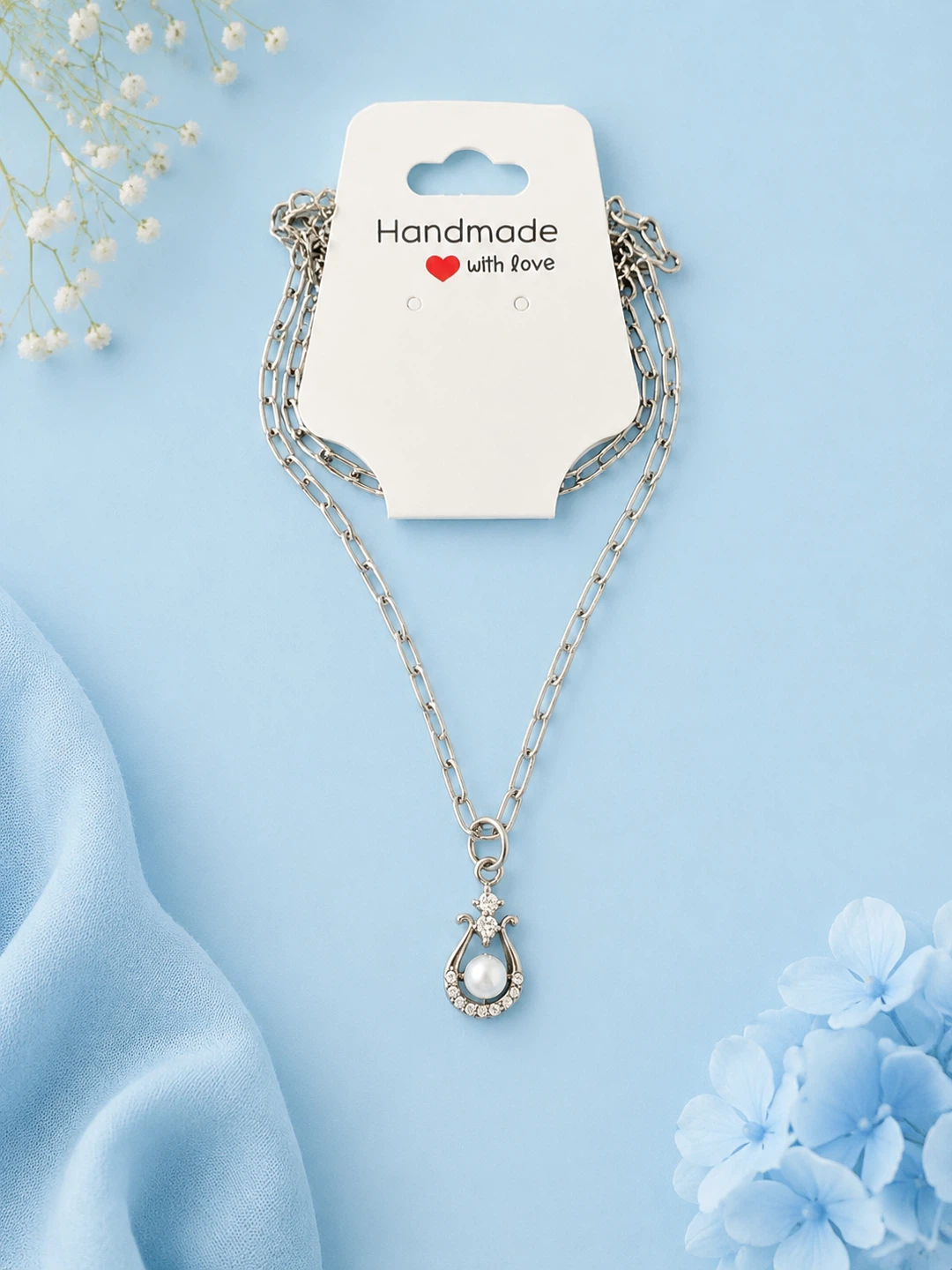 Stainless steel Silver Chain Necklace with Pearl Pendant