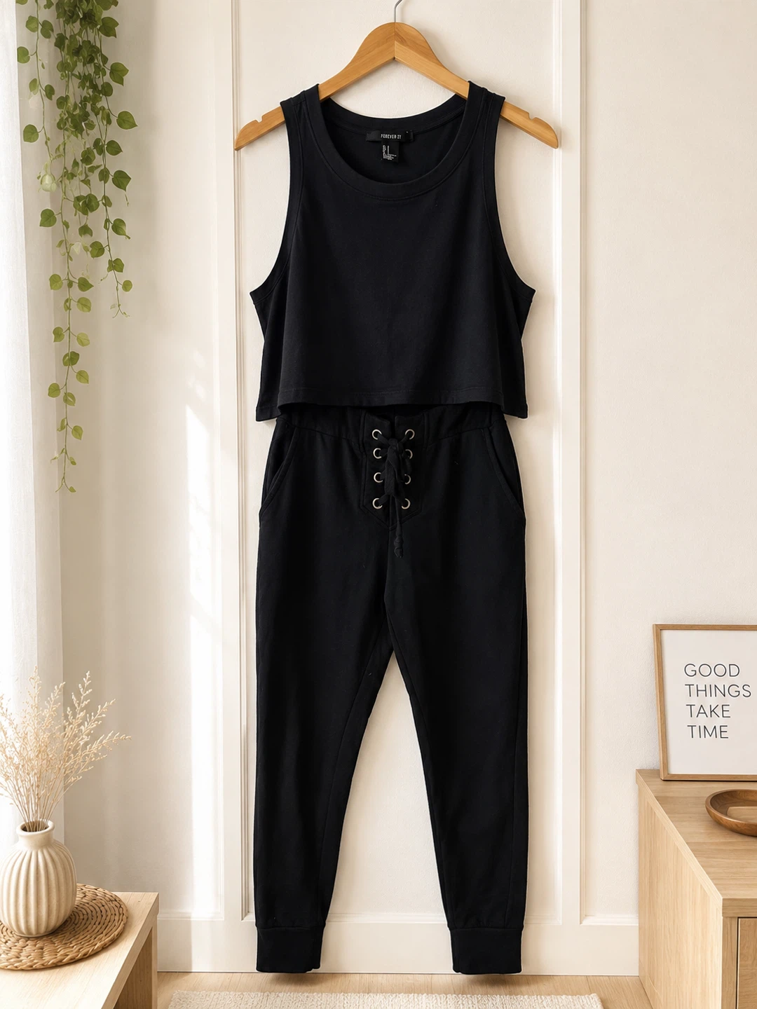 Black Lace-Up Jogger Set Up