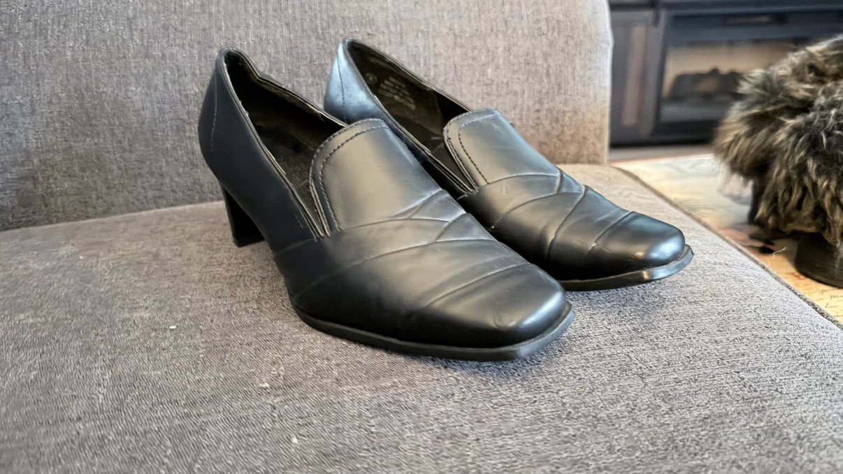 Black Leather Block Heel Loafers