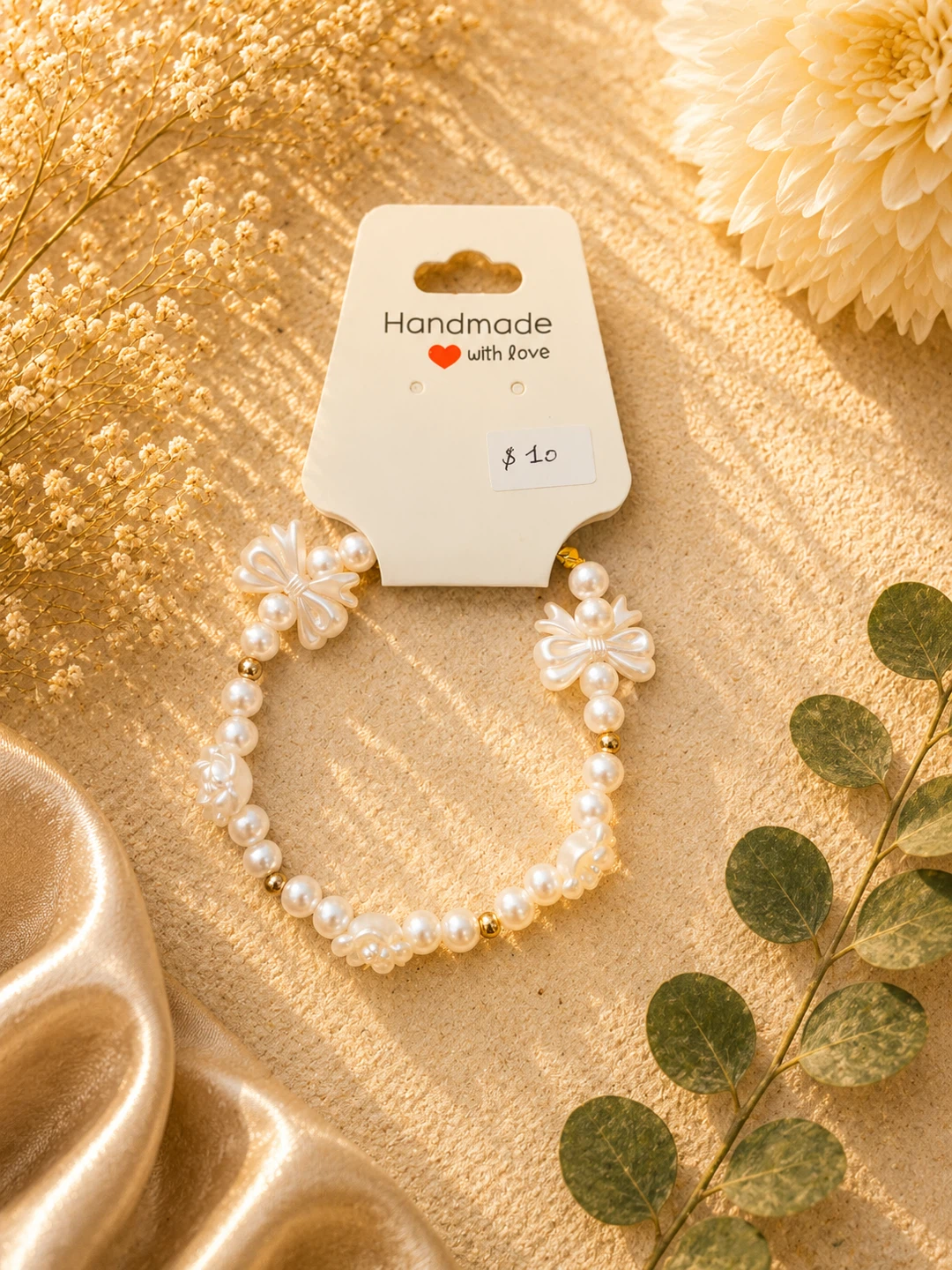 Handmade Pearl Beaded Bracelet with Bows