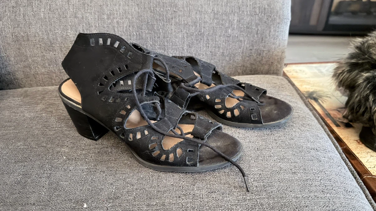 Brash Black Lace-Up Cutout Heels