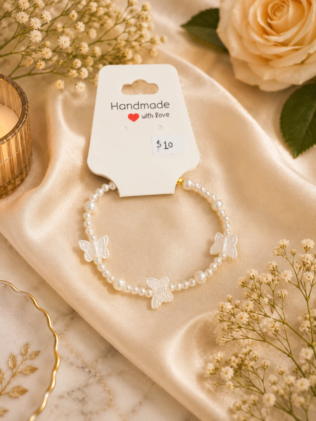 Handmade Pearl Bracelet with Butterfly Charms