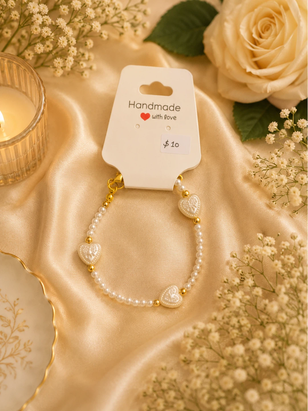 Handmade Pearl Bracelet with Heart Charms