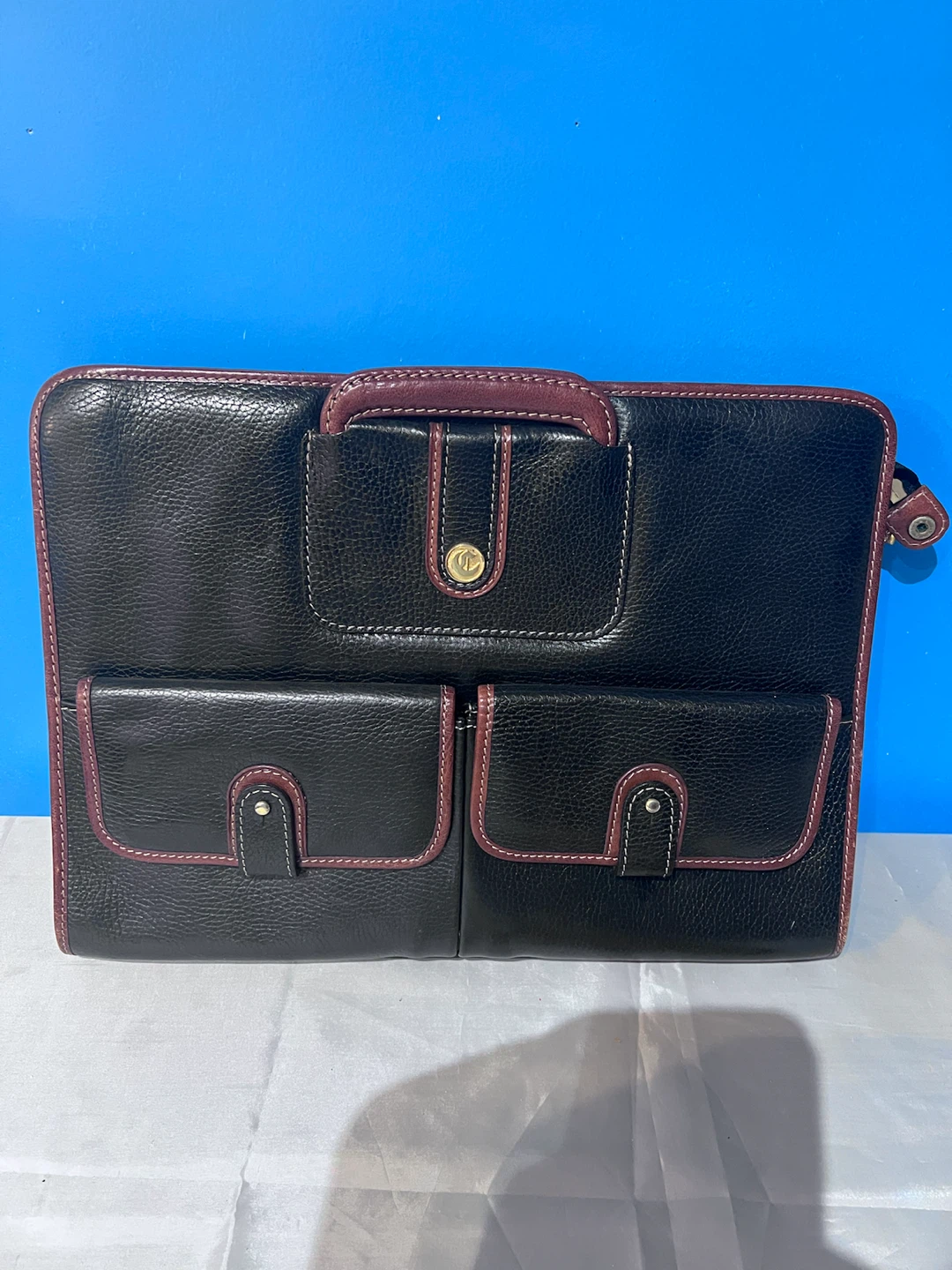 Black Leather Briefcase with Burgundy Accents
