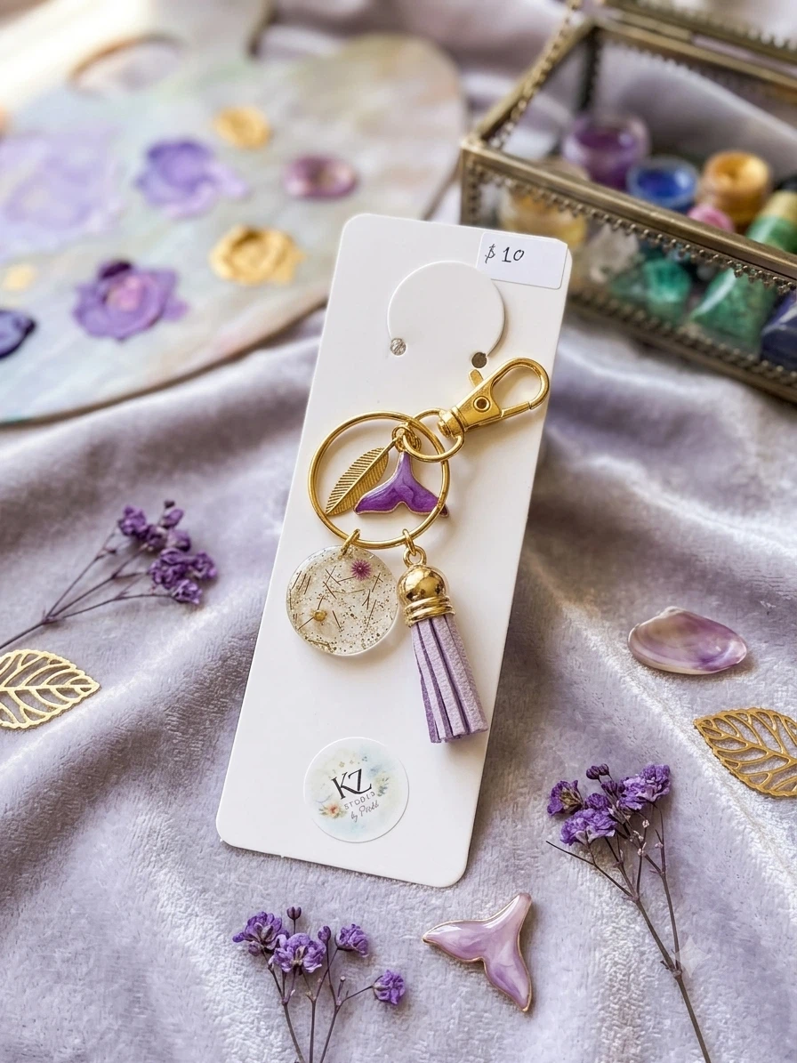 Purple Flower and Tassel Keychain