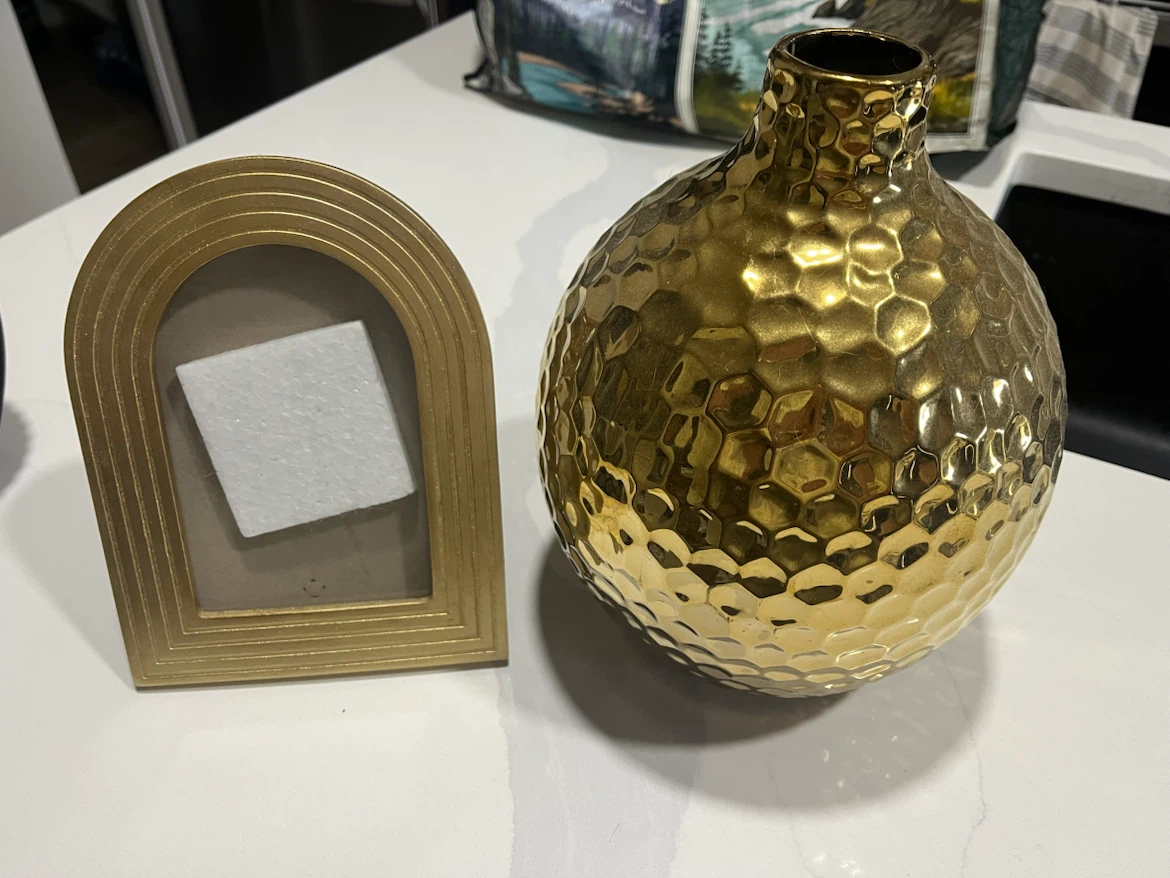 Gold Hammered Vase and Photo Frame