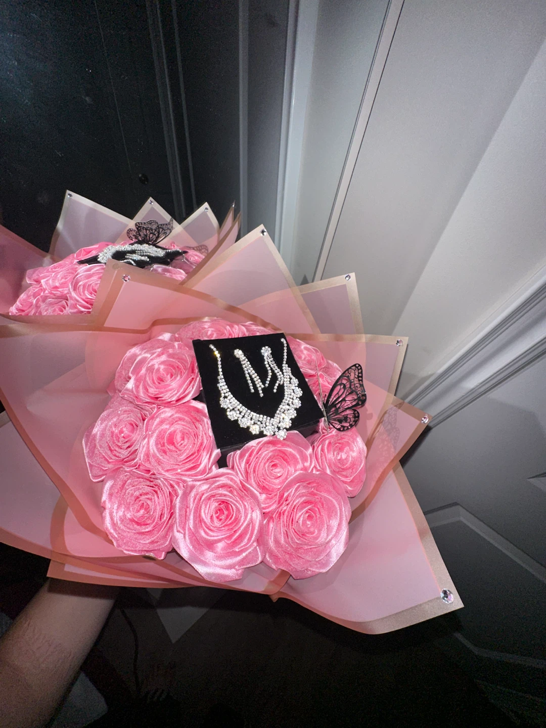 Pink Rose Bouquet with Rhinestone Necklace & Earrings