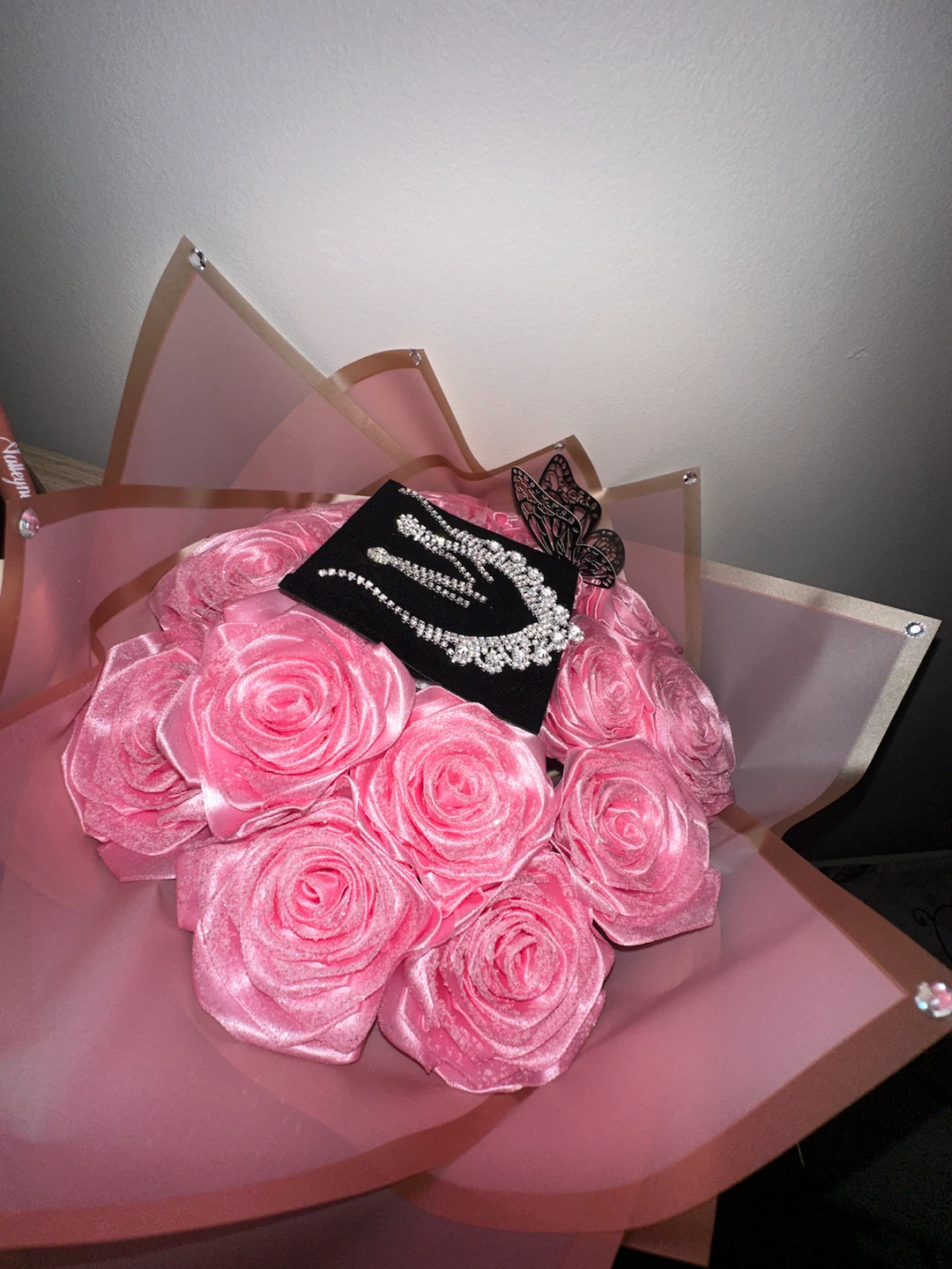 Pink Rose Bouquet with Rhinestone Necklace & Earrings - photo 4