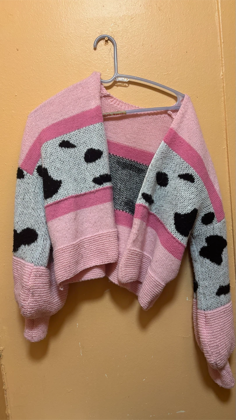 SHEIN Pink Cow Print Knit Cardigan