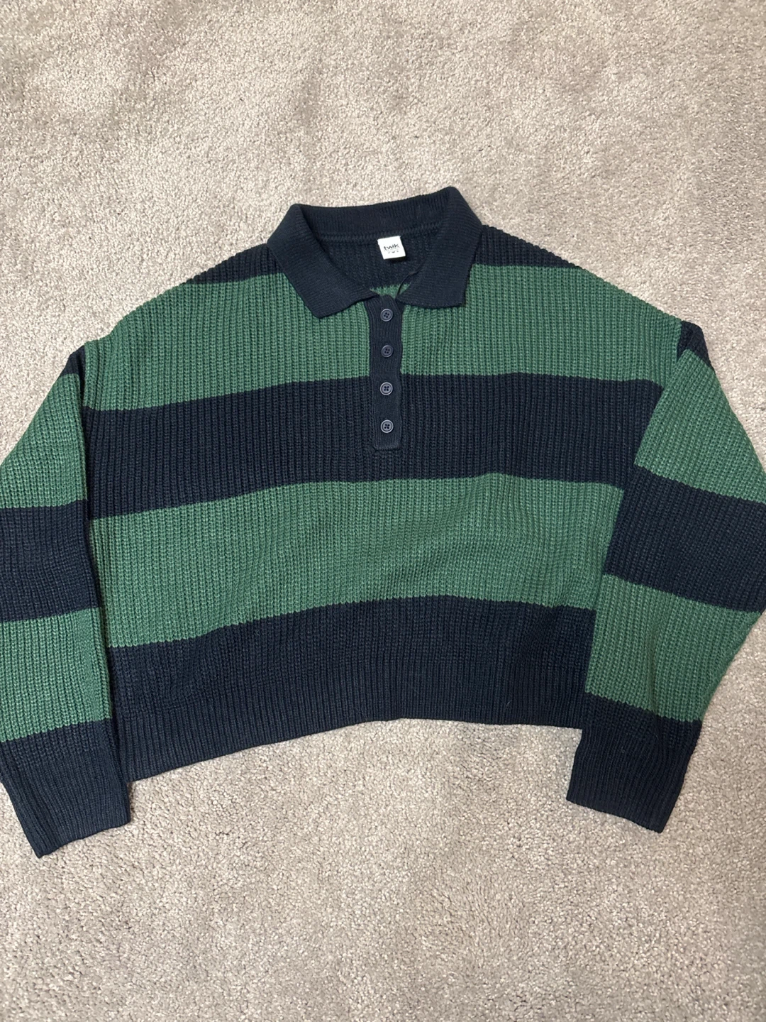 Green and Navy Striped Polo Sweater
