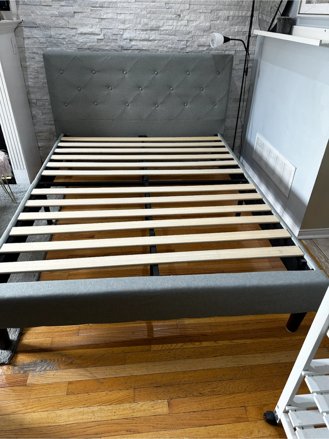 Grey Upholstered double Bed Frame with Tufted Headboard