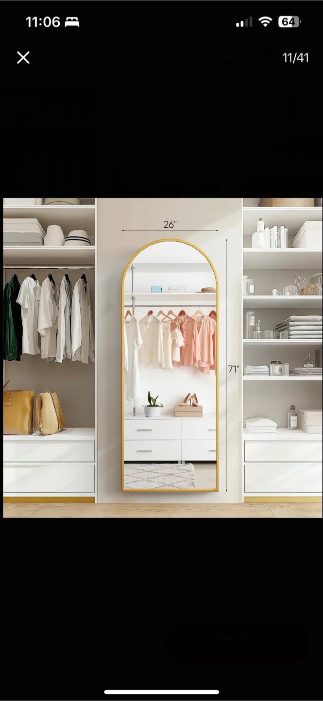 Arched Full Length Mirror with Gold Frame - 26"x71"