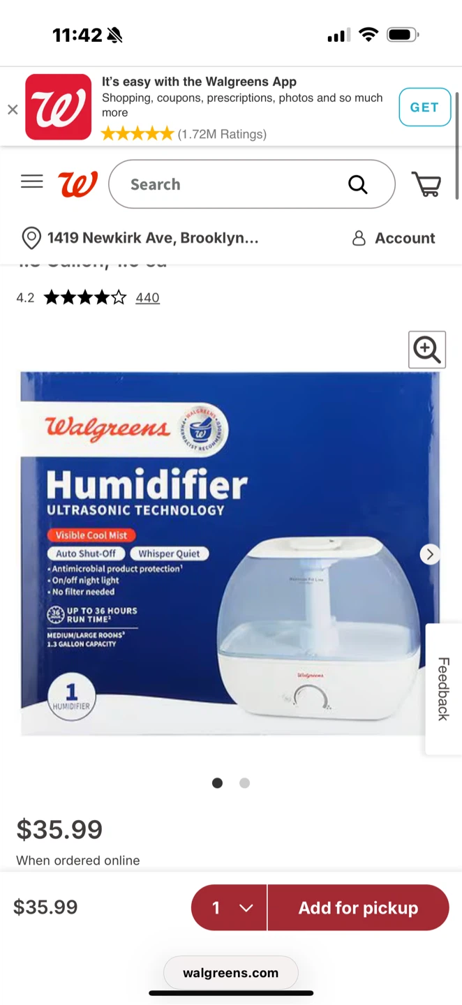 Walgreens Ultrasonic Cool Mist Humidifier.
