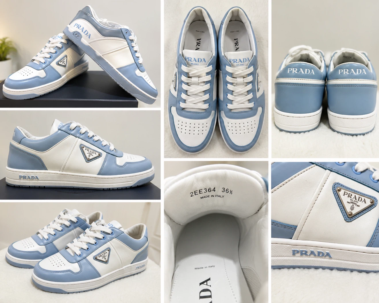Prada Milano Leather Sneakers – Sky Blue & White – Size 36.5
