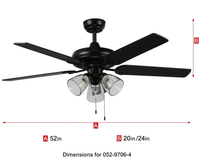 52" 5-Reversible Blade 3-Speed 3-Lights Ceiling Fan, Black - photo 2