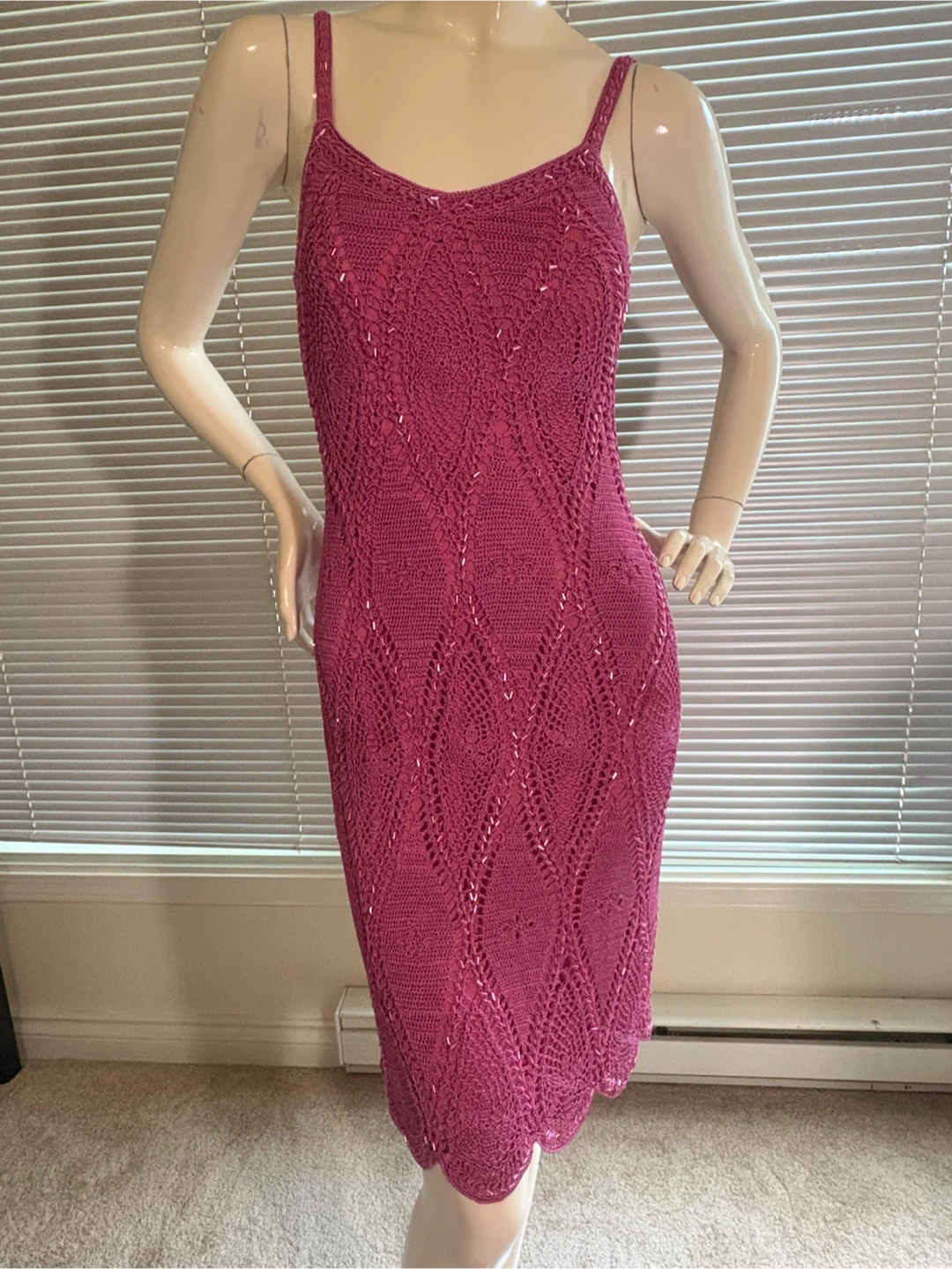 Karen Millen Raspberry Pink Crotchet Beaded Dress Small