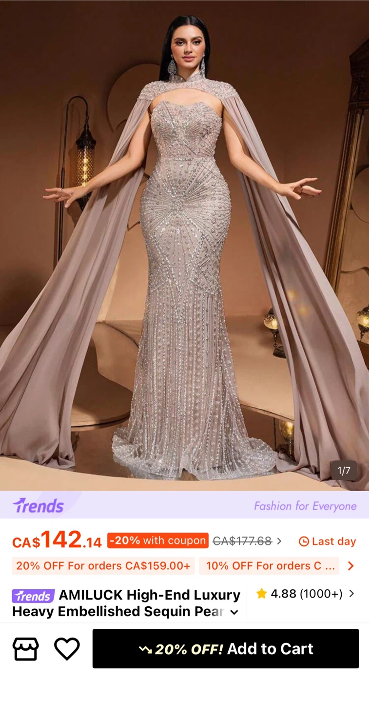 Elegant Beaded Evening Gown with Cape Sleeves