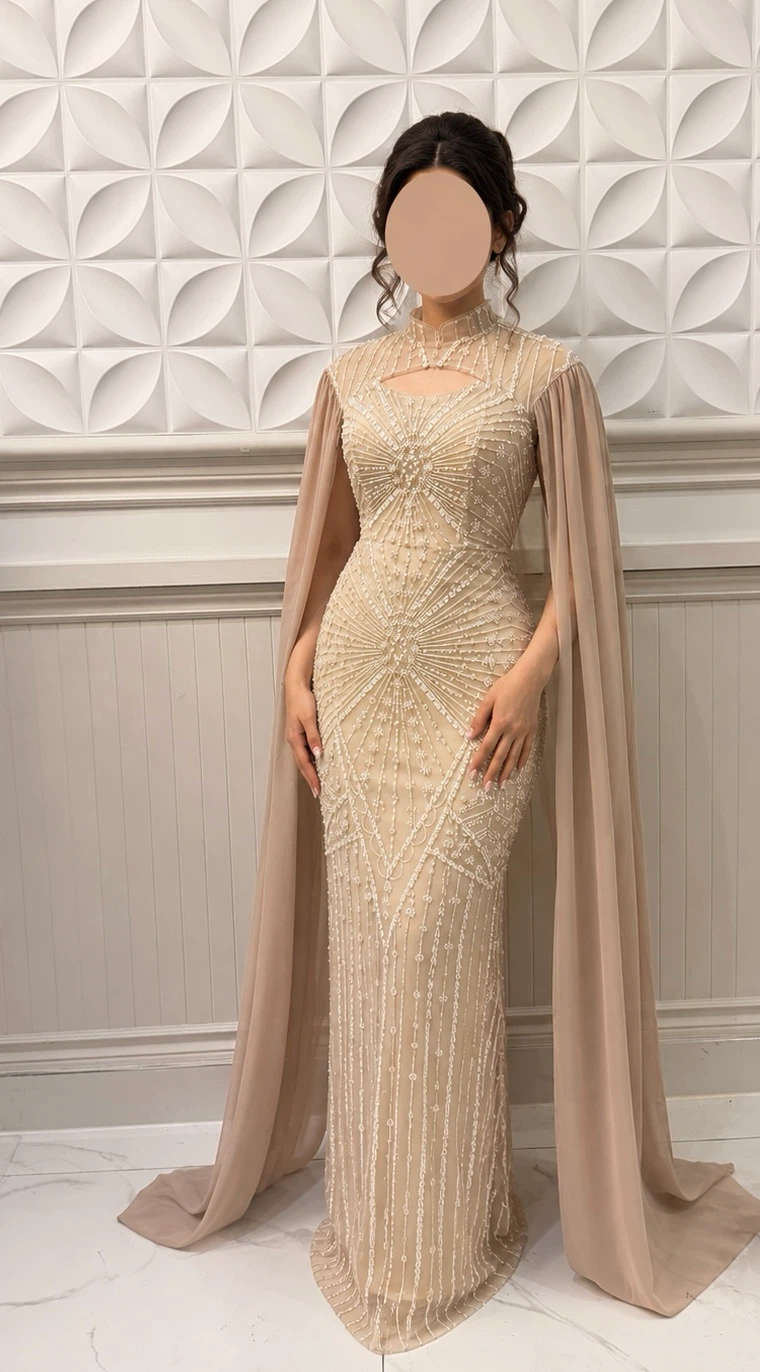 Elegant Beaded Evening Gown with Cape Sleeves - photo 2
