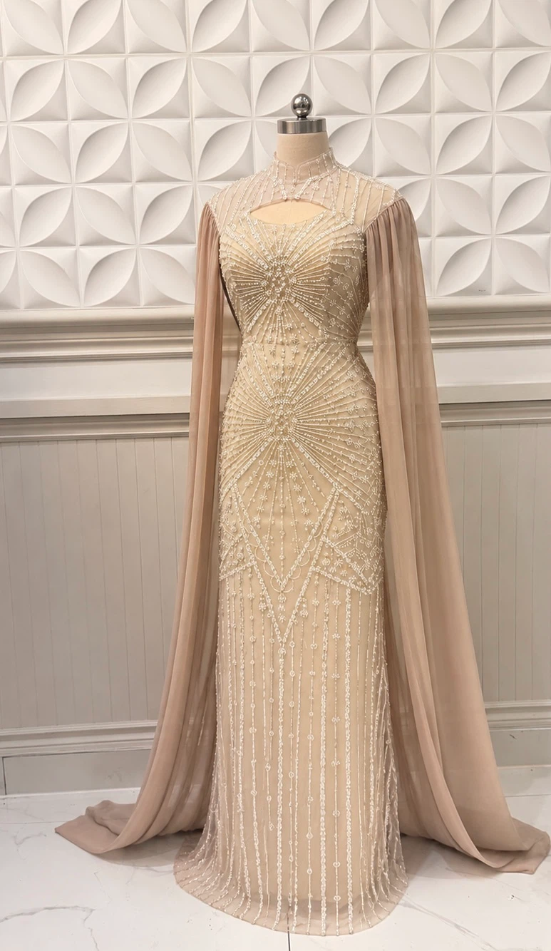 Elegant Beaded Evening Gown with Cape Sleeves - photo 3
