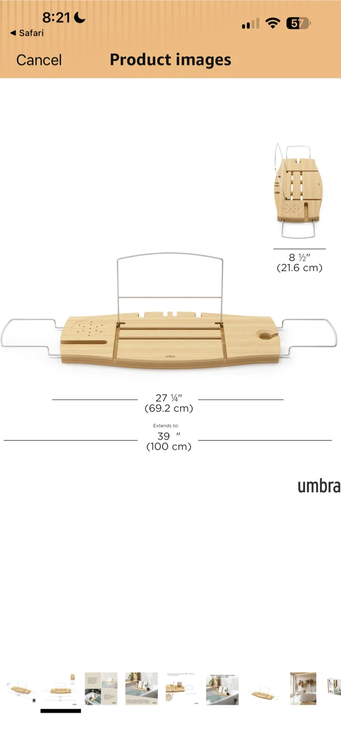 Umbra Aquala bamboo bath caddy with book and wine glass holder - photo 2