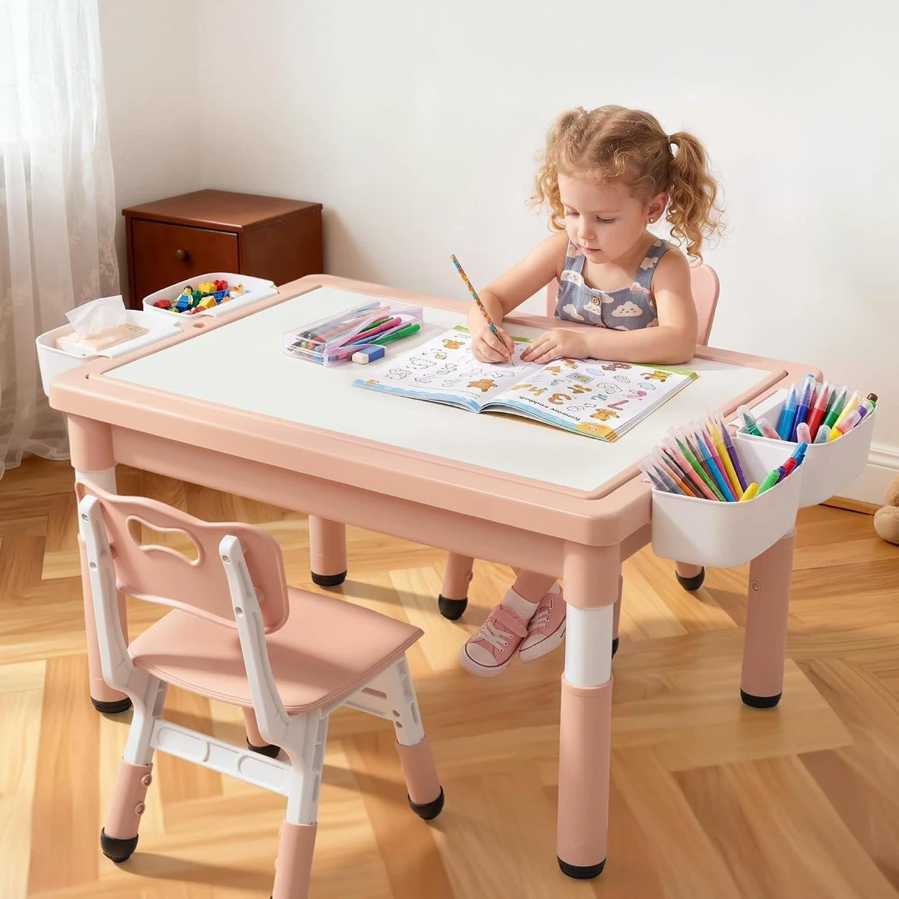 Pink Adjustable Kids Activity Table and Chair Set