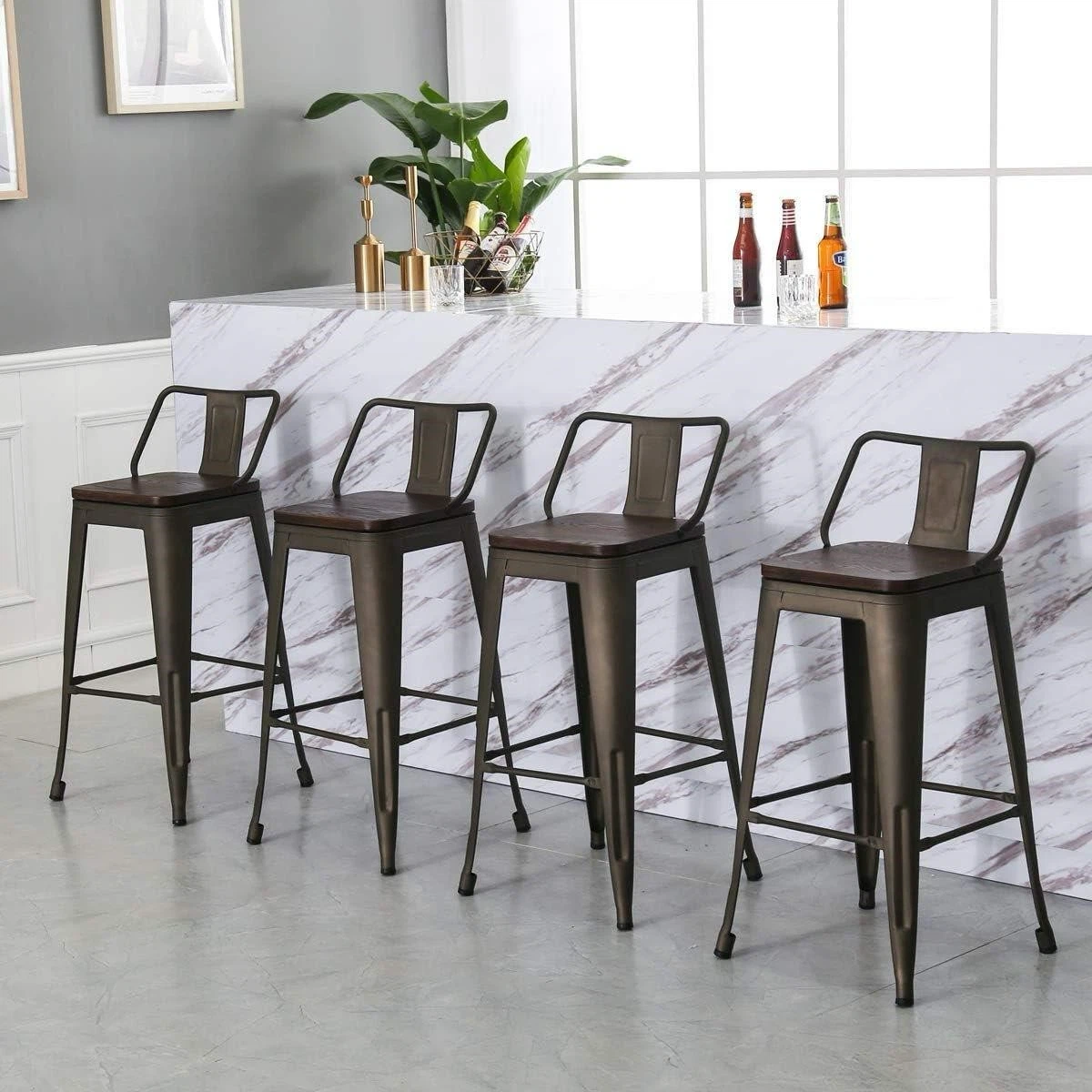 Set of 4 Industrial Metal Bar Stools with Wood Seats - photo 3