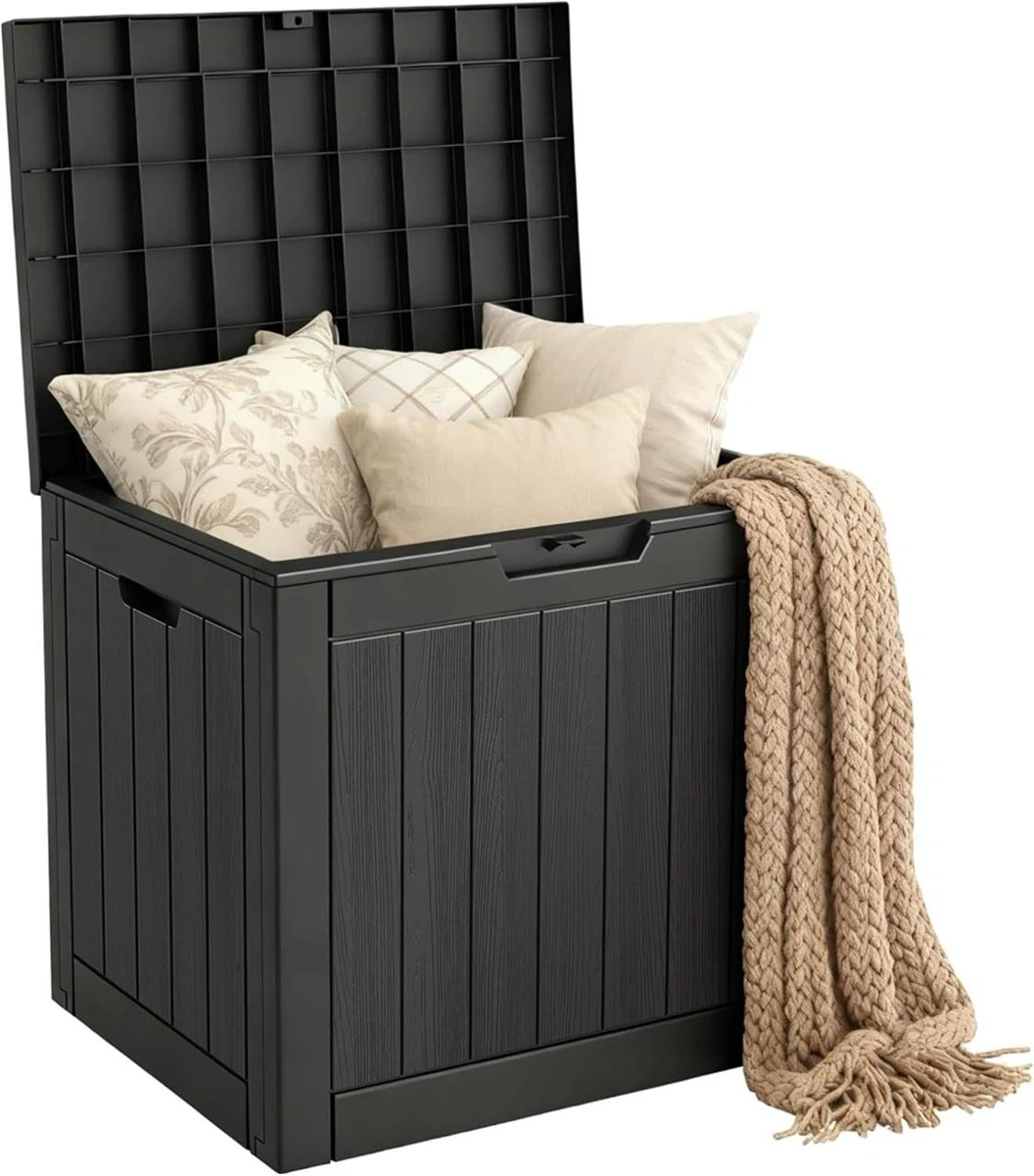 Outdoor Storage Deck Box Black Wood-Grain Surface