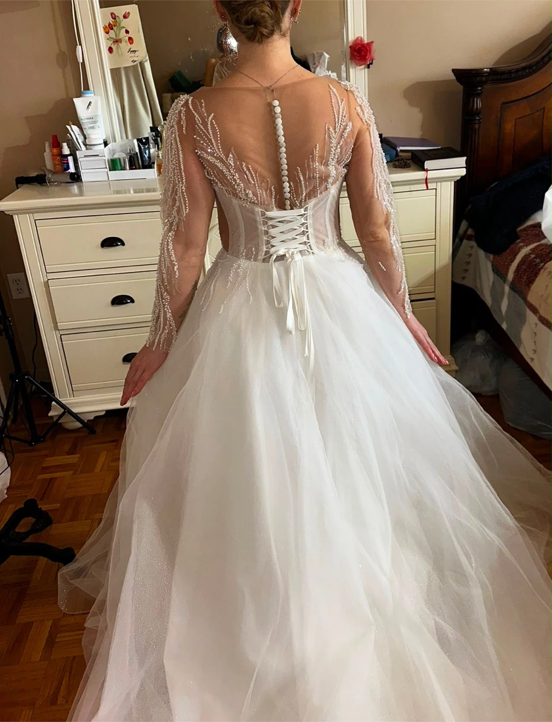Stunning White Wedding Dress with Beaded Bodice and Long Sleeves - photo 5