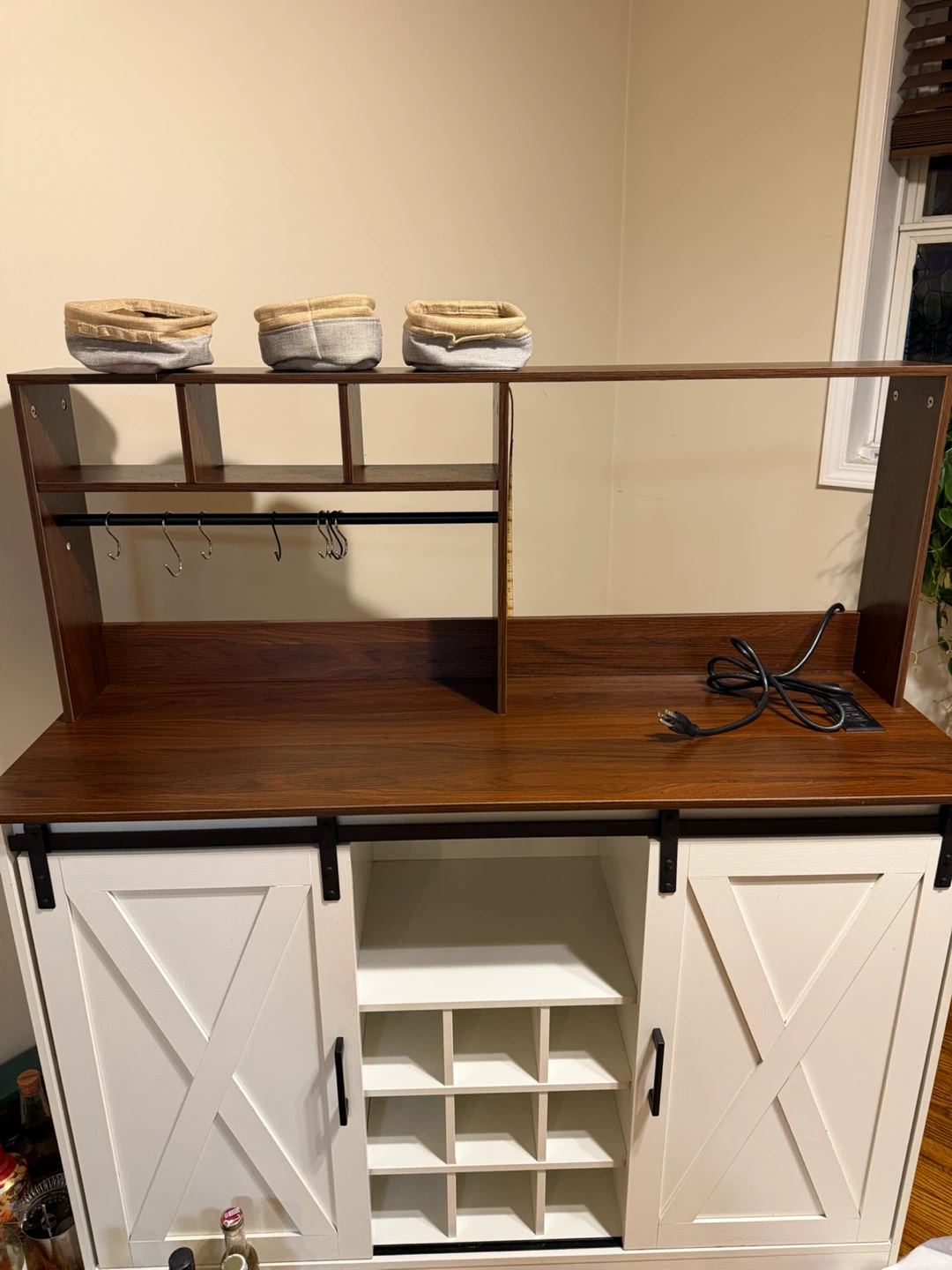 White Farmhouse Coffee Bar Cabinet with Hutch