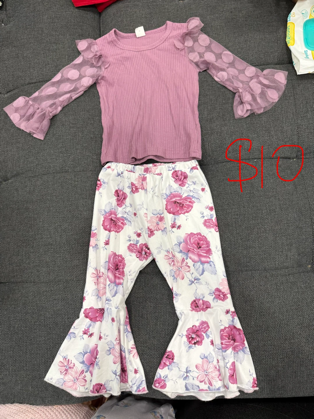 Girl's Top & Floral Bell Bottom Pants Set