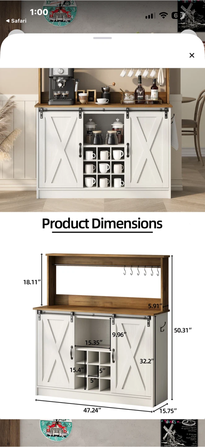 White Farmhouse Coffee Bar Cabinet with Hutch - photo 2