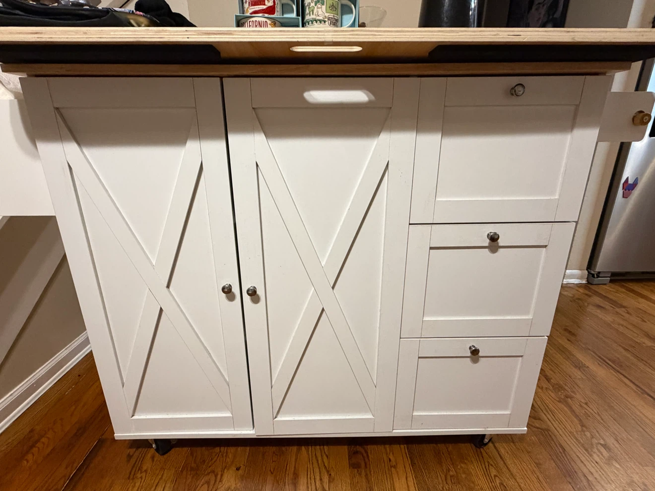 White Kitchen Island Cart with Drawers and Doors