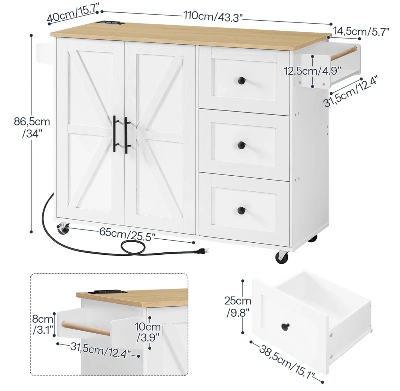 White Kitchen Island Cart with Drawers and Doors - photo 2